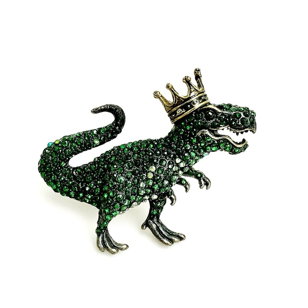 Green Dinosaur Brooch With Gold Crown